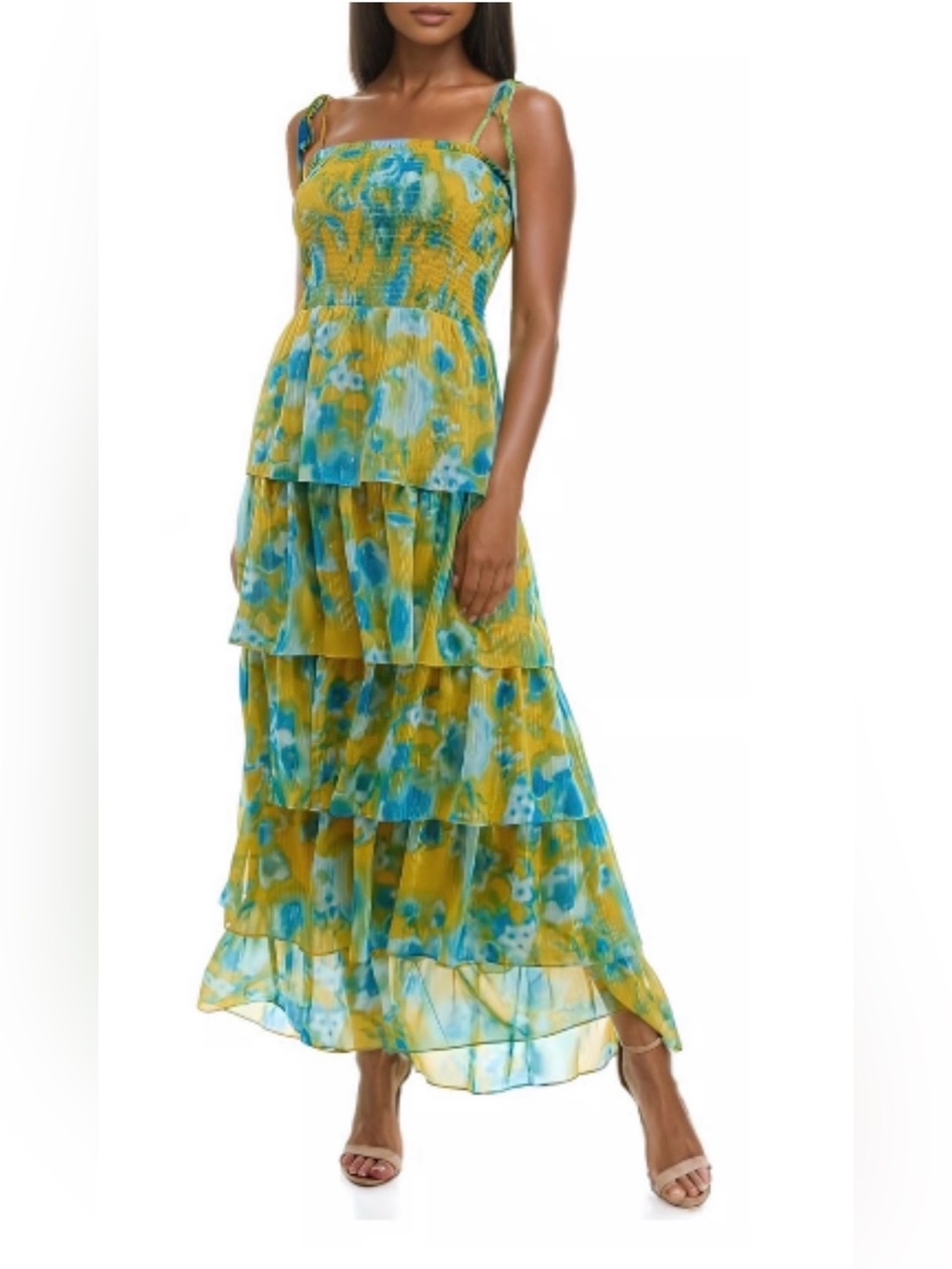 Socialite Floral Tiered Maxi Dress Size S Smocked Tie Strap